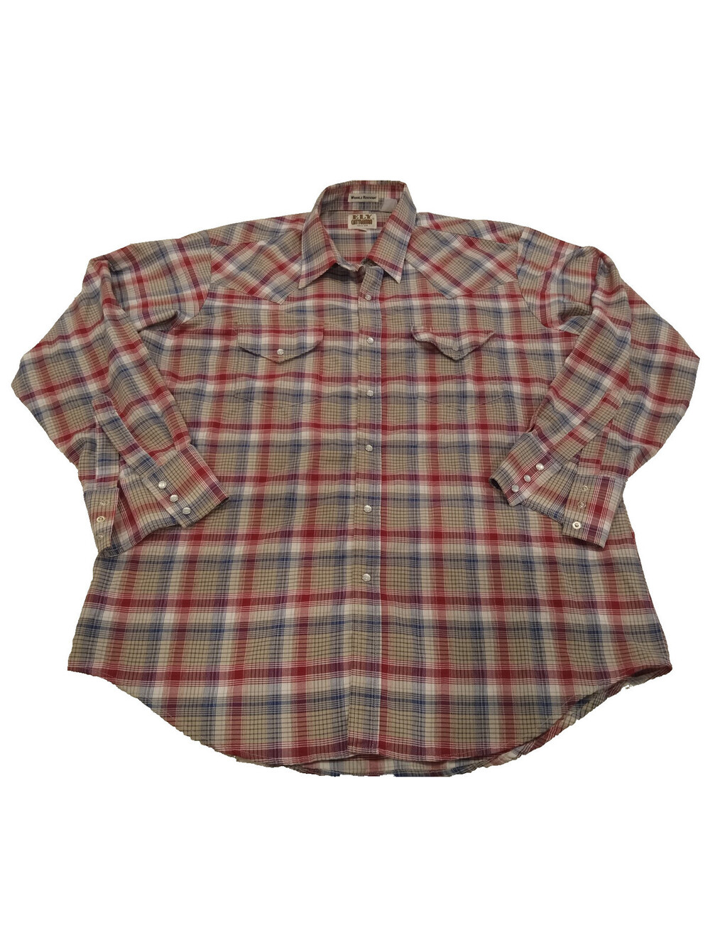 Vintage Ely Cattleman Western Shirt Mens 17.5 35 Red Blue Plaid Pearl Snap Flap